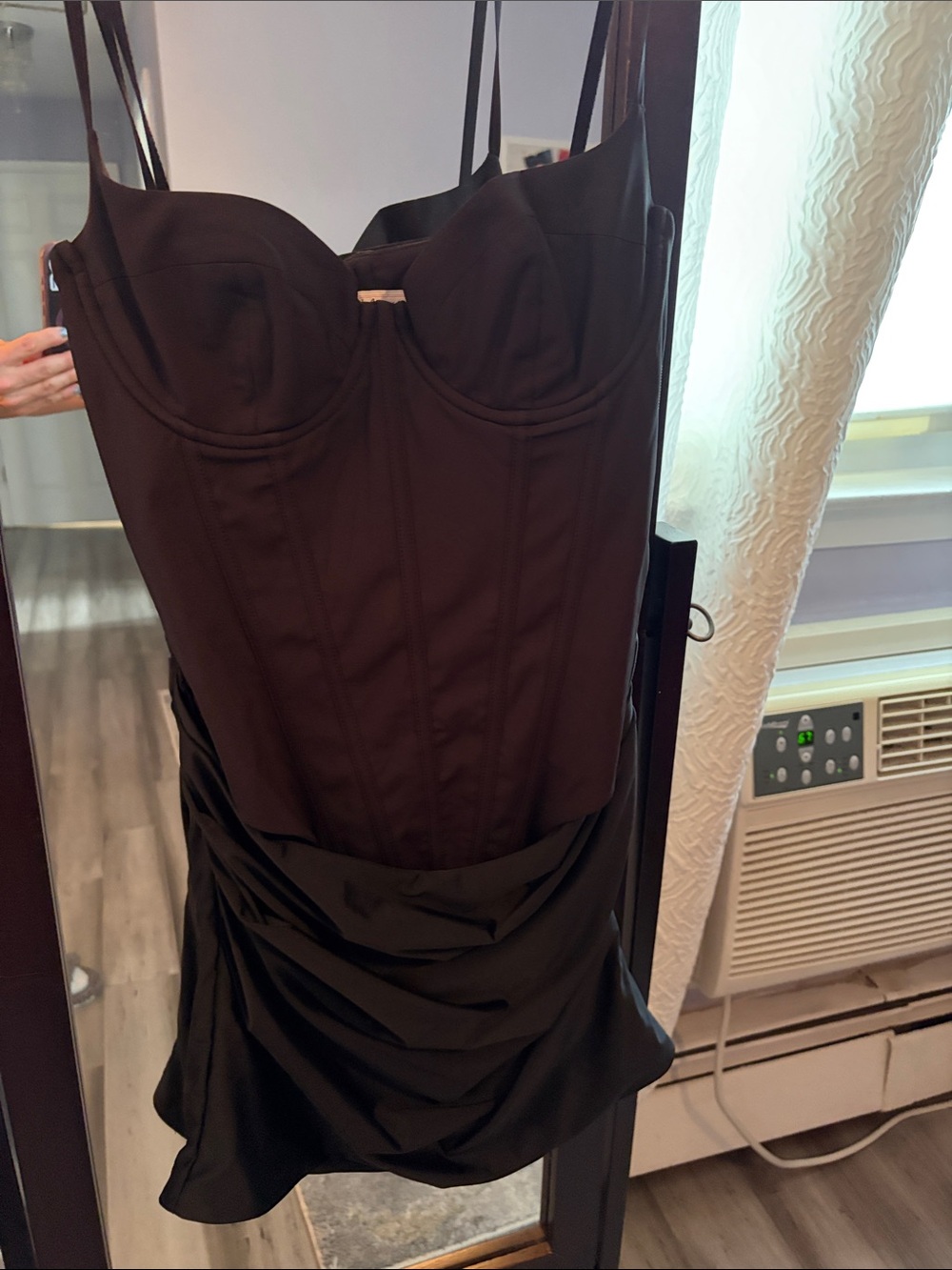 Oh Polly Black Bustier Mini Dress with Draped Skirt
